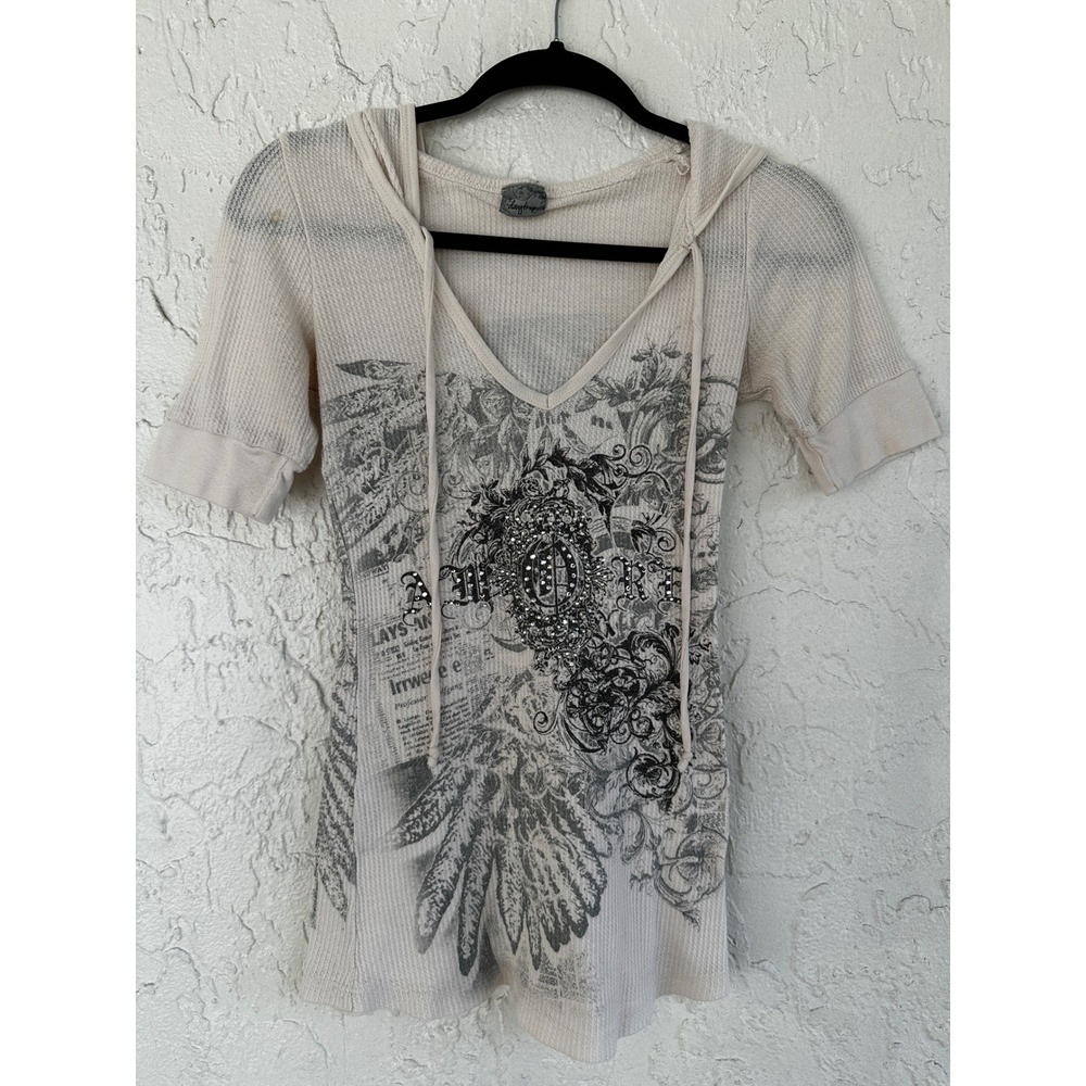 Daytrip Womens Vtg Y2K Graphic Thermal Hoodie Short Sleeve Rhinestone Small